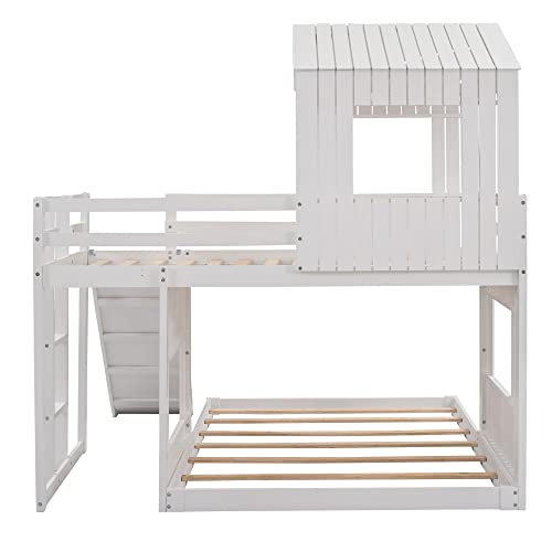 White Twin Over Full Size Wooden Bunk Beds with Slide M459883