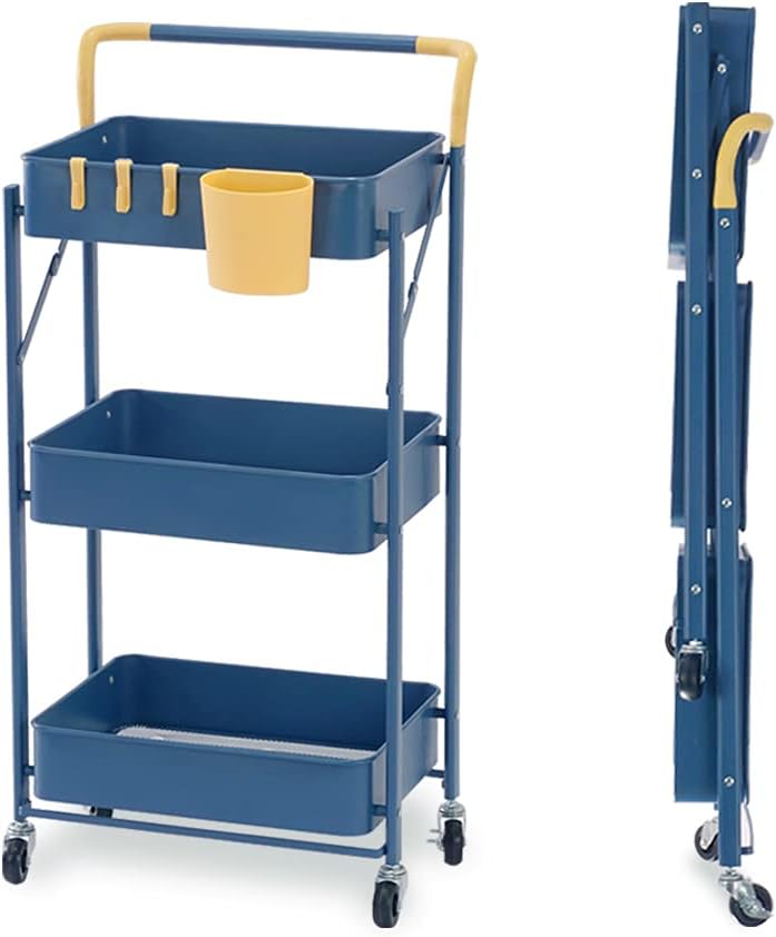 3-Tier Collapsible Rolling Utility Cart with Lockable Caster Wheels, Blue M348
