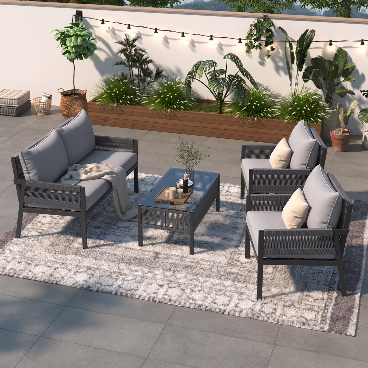 4PCS Outdoor Woven Rope Patio Furniture Set with Tempered Glass Tabletop A602