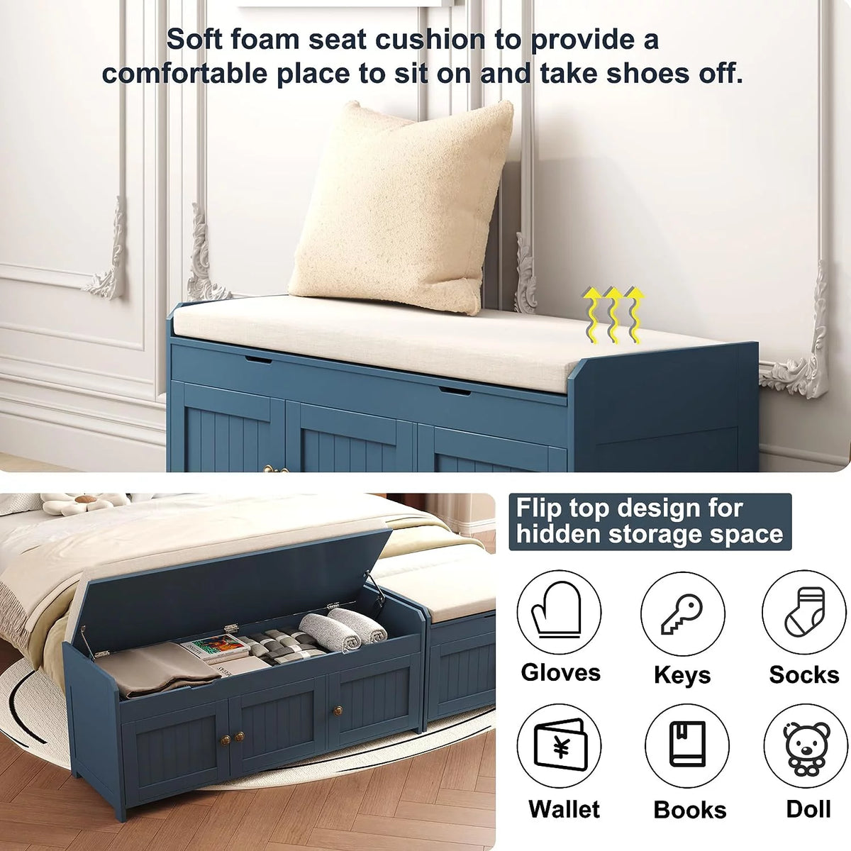 Blue Lift Top Storage Shoe Bench U804475