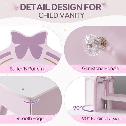 Purple Kids Vanity Set with Mirror, Chair and Storage Drawers T190