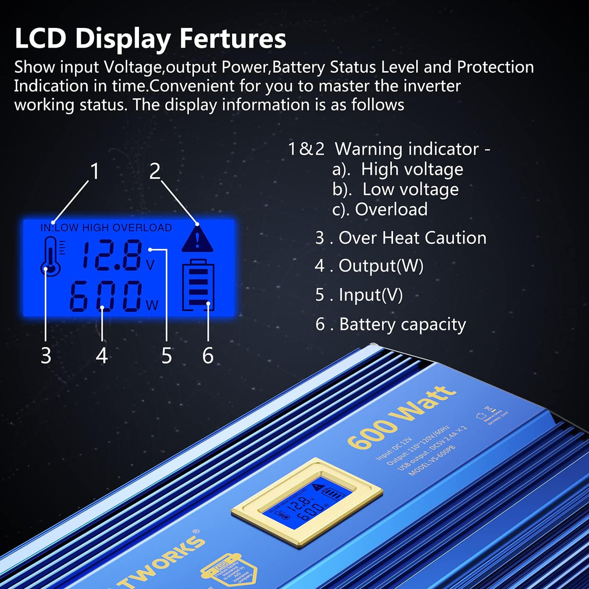 600 Watts Pure Sine Wave Power Inverter 12V to 110V 120V with USB Port & LCD Display I6902