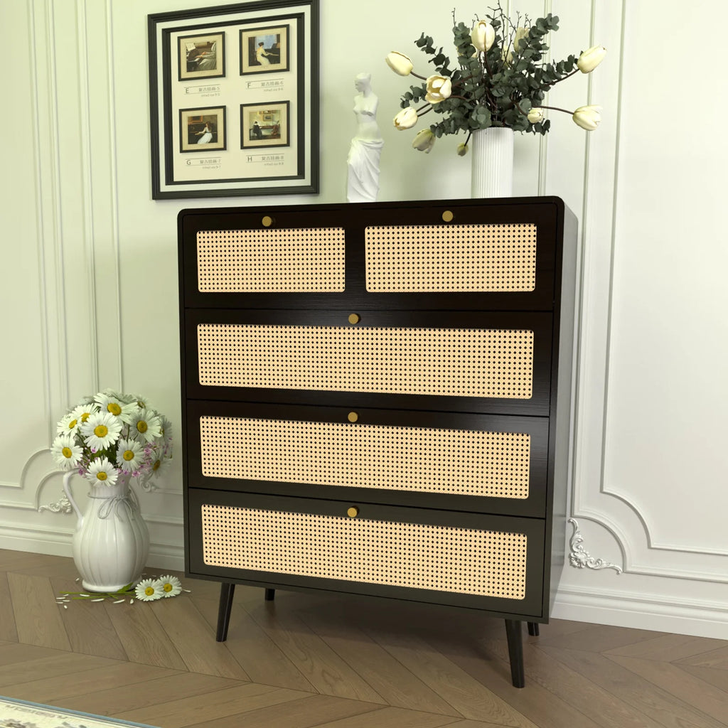 Rattan 4 Drawer Tall Wood Dresser V78652