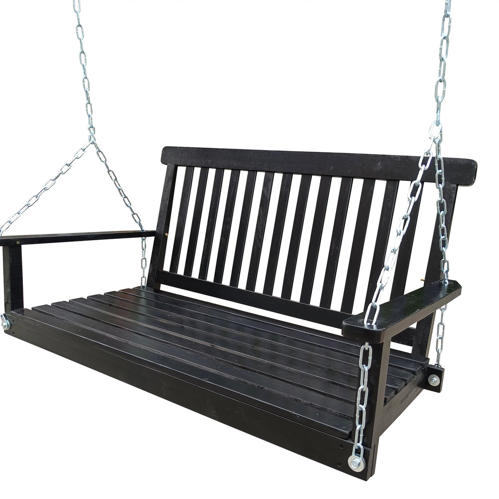 Black Wood Porch Swing with Armrests and Hanging Chains Z164094