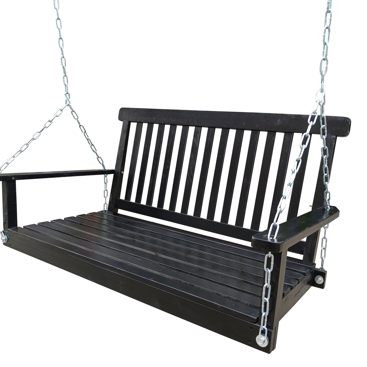Black Wood Porch Swing with Armrests and Hanging Chains Z164094