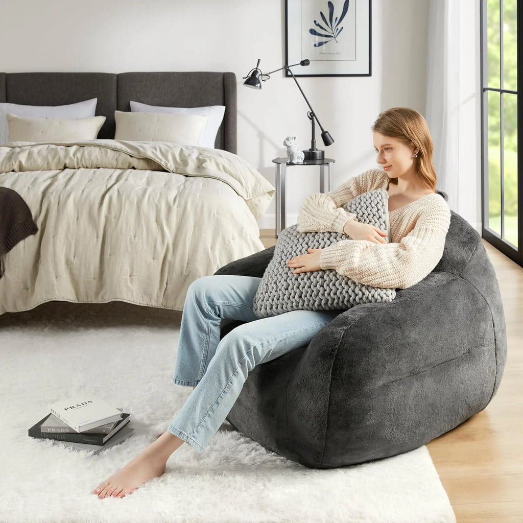 Grey Faux Fur Bean Bag Chair with Memory Foam Filler G678