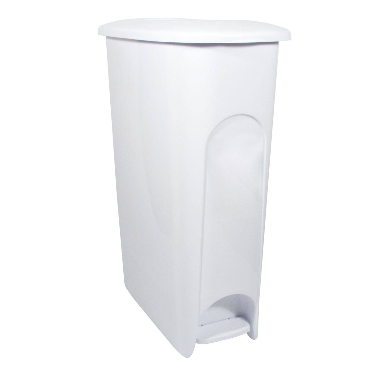 Slim Step-On Wastebasket, White, 10.8 gal Q9379