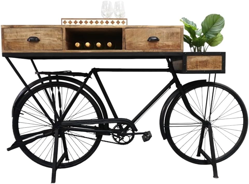 Vintage Bicycle Console Table with Drawers & Storage, Mango Wood, 76L x 18W x 44H inches N105