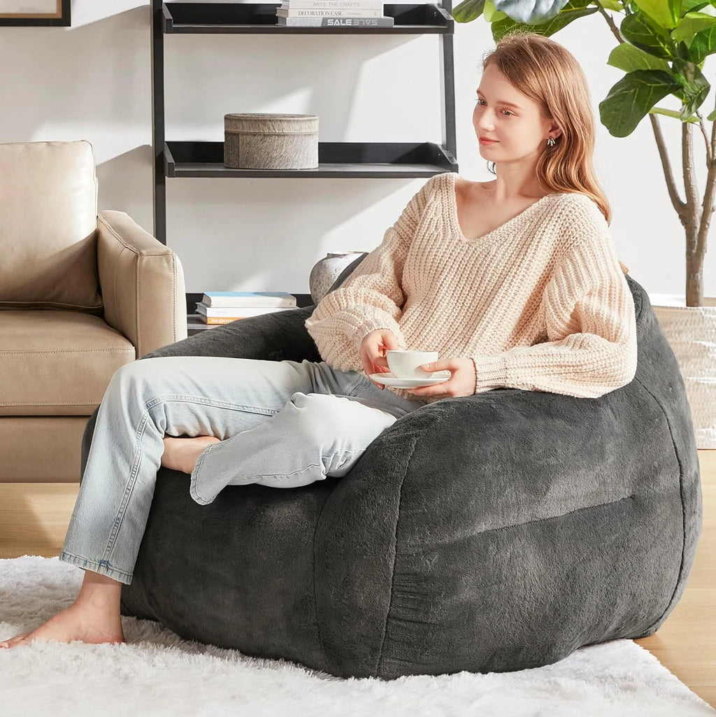 Grey Faux Fur Bean Bag Chair with Memory Foam Filler G678
