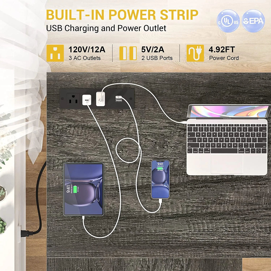 Grey Oak L Shaped Desk with Power Outlet & LED Strip U34409