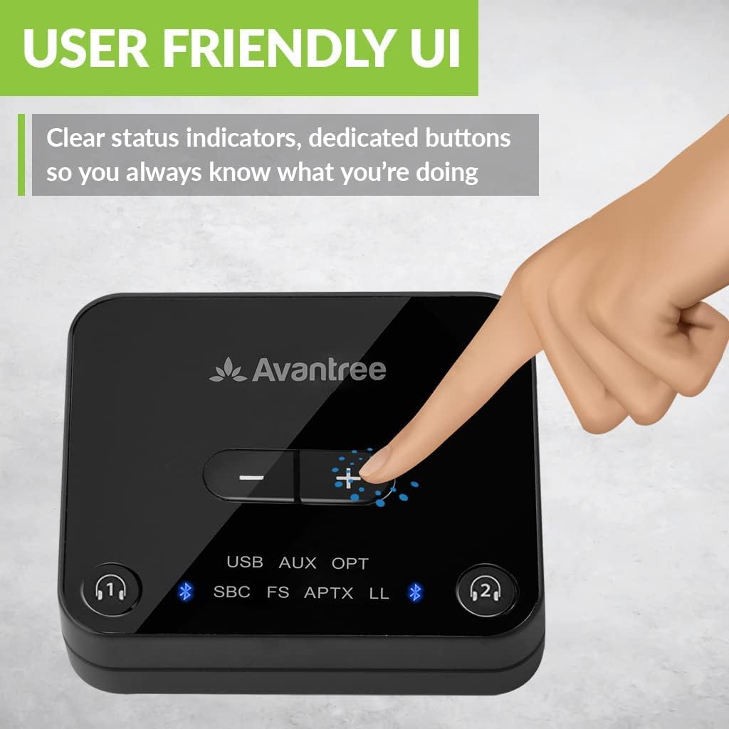 Bluetooth 5.0 Transmitter for TV with Volume Control, aptX Low Latency Audio Adapter for 2 Headphones, Class 1 Long Range 100ft, Pack of 2 L297