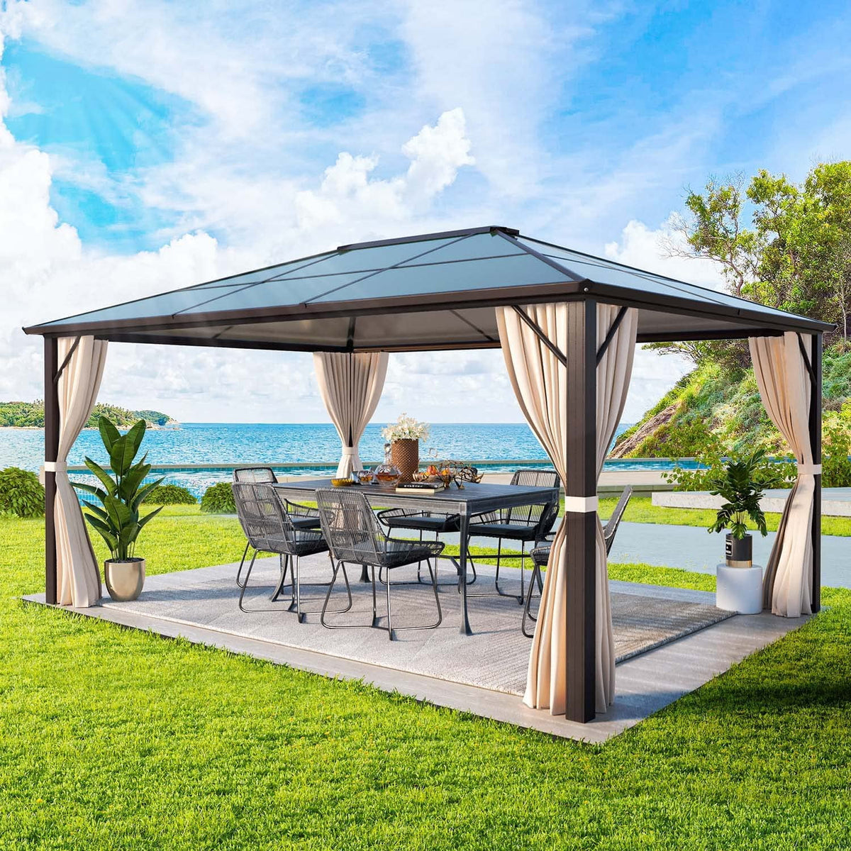 12'x16' Brown Polycarbonate Double Roof Hardtop Gazebo Canopy L25782