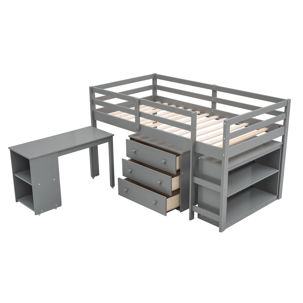 Twin Size Wood Loft Bed with Desk Storage Drawers and Bookcase C33822