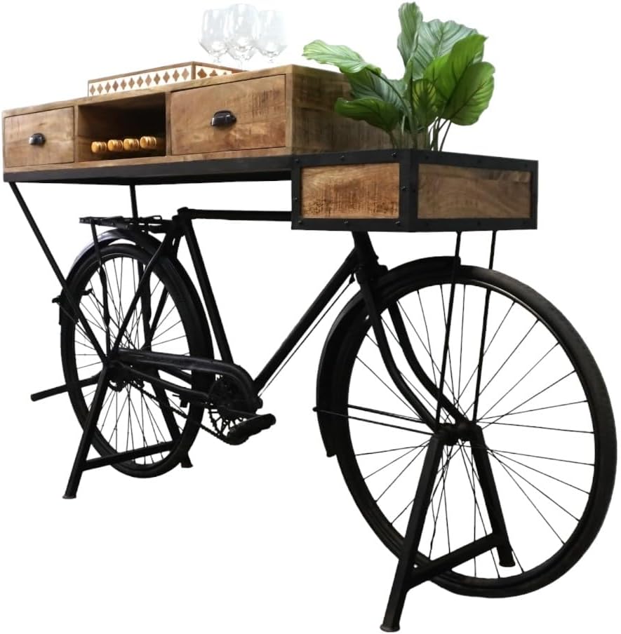 Vintage Bicycle Console Table with Drawers & Storage, Mango Wood, 76L x 18W x 44H inches N105