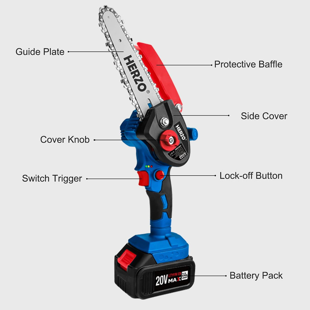 Mini Cordless Chainsaw with 2Pcs Batteries and 2Pcs Chain, 6 Inch One-Hand Electric Power Chainsaw, 20V 2000MAh Rechargeable Battery Operated I3997