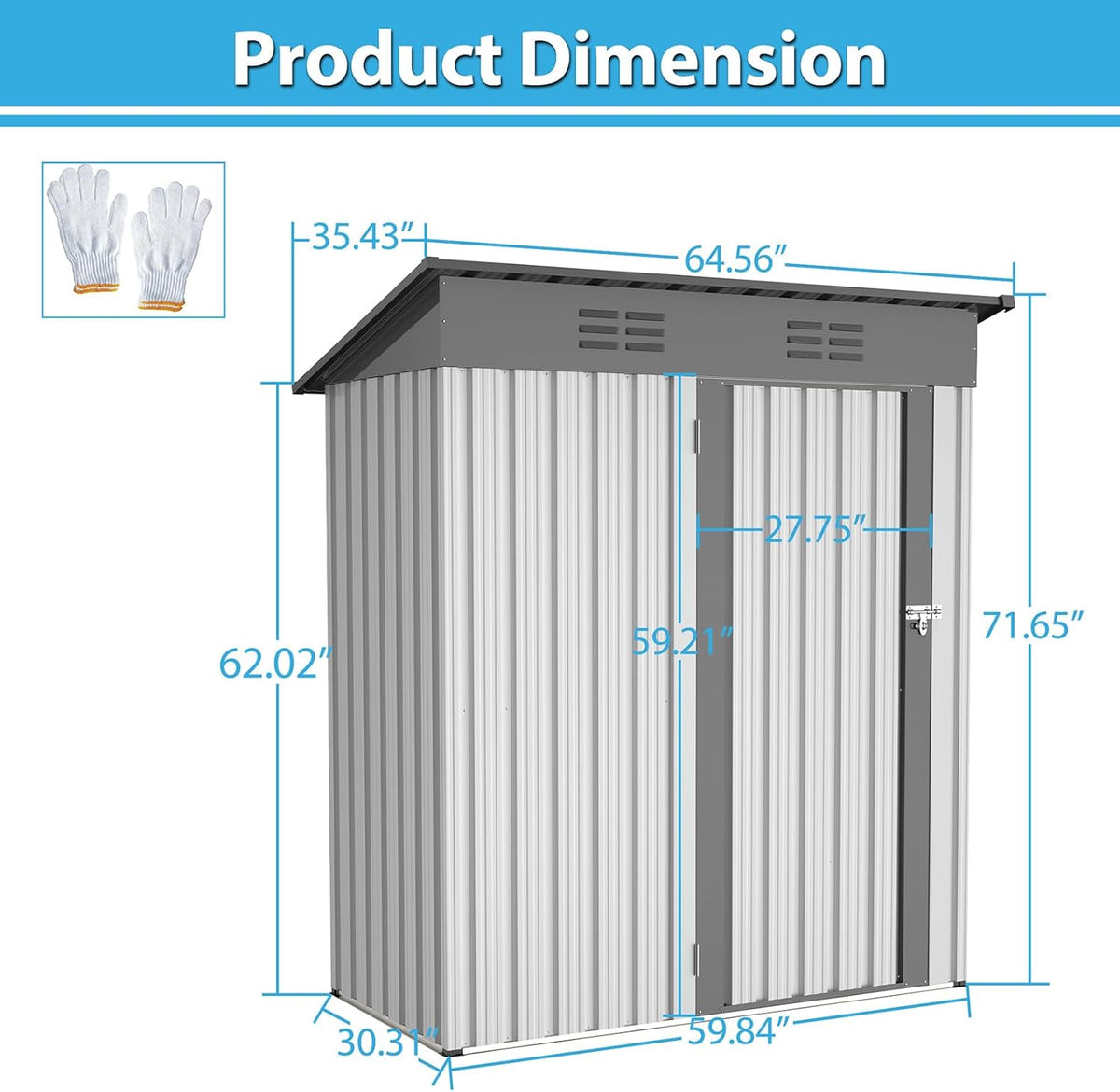 5 X 3 Ft Galvanized Metal Outdoor Storage Shed with Lockable Doors I998