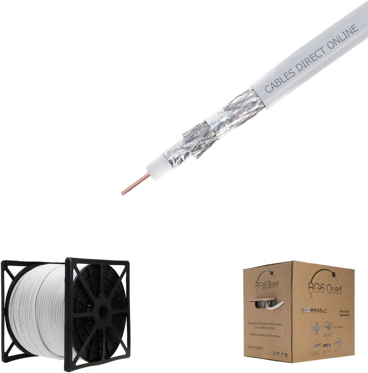 500FT Black RG6 Quad Shielded Coaxial Cable, 18 AWG Copper Clad Steel Conductor, PVC Jacket Y393