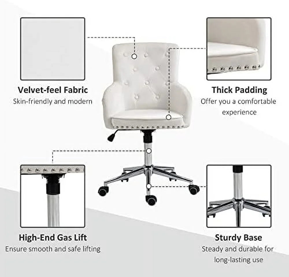 White Tufted Velvet Swivel Desk Chair D5628
