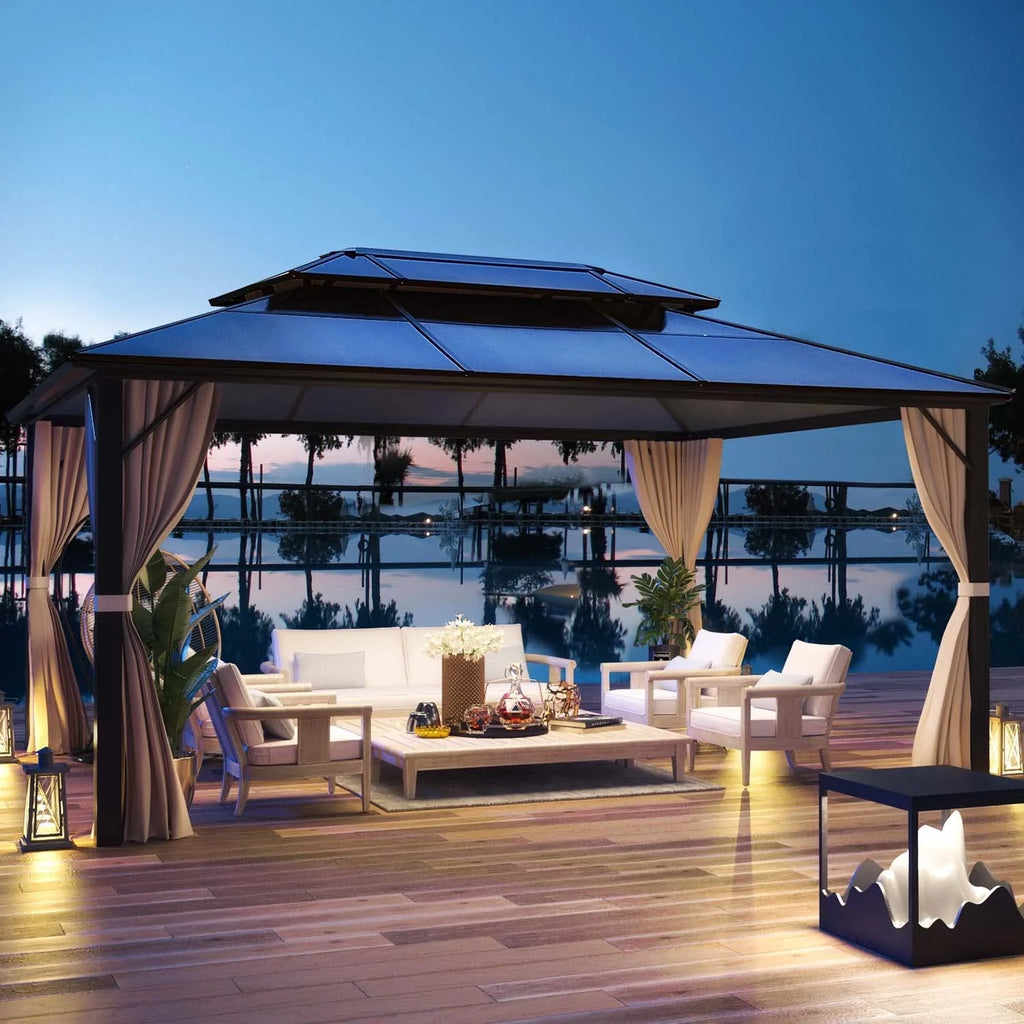 12'x16' Brown Polycarbonate Double Roof Hardtop Gazebo Canopy L25782