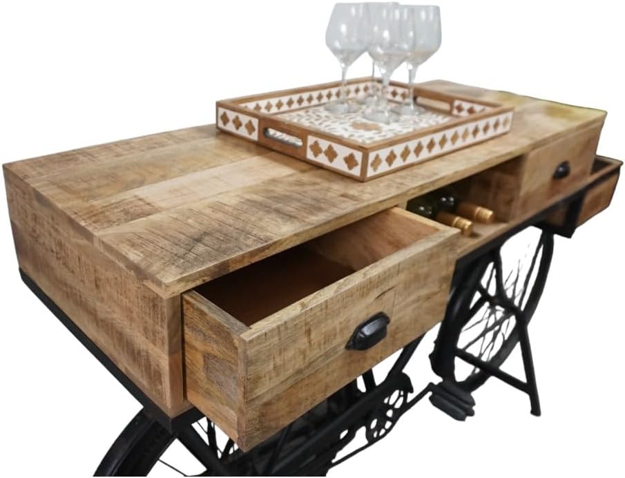 Vintage Bicycle Console Table with Drawers & Storage, Mango Wood, 76L x 18W x 44H inches N105
