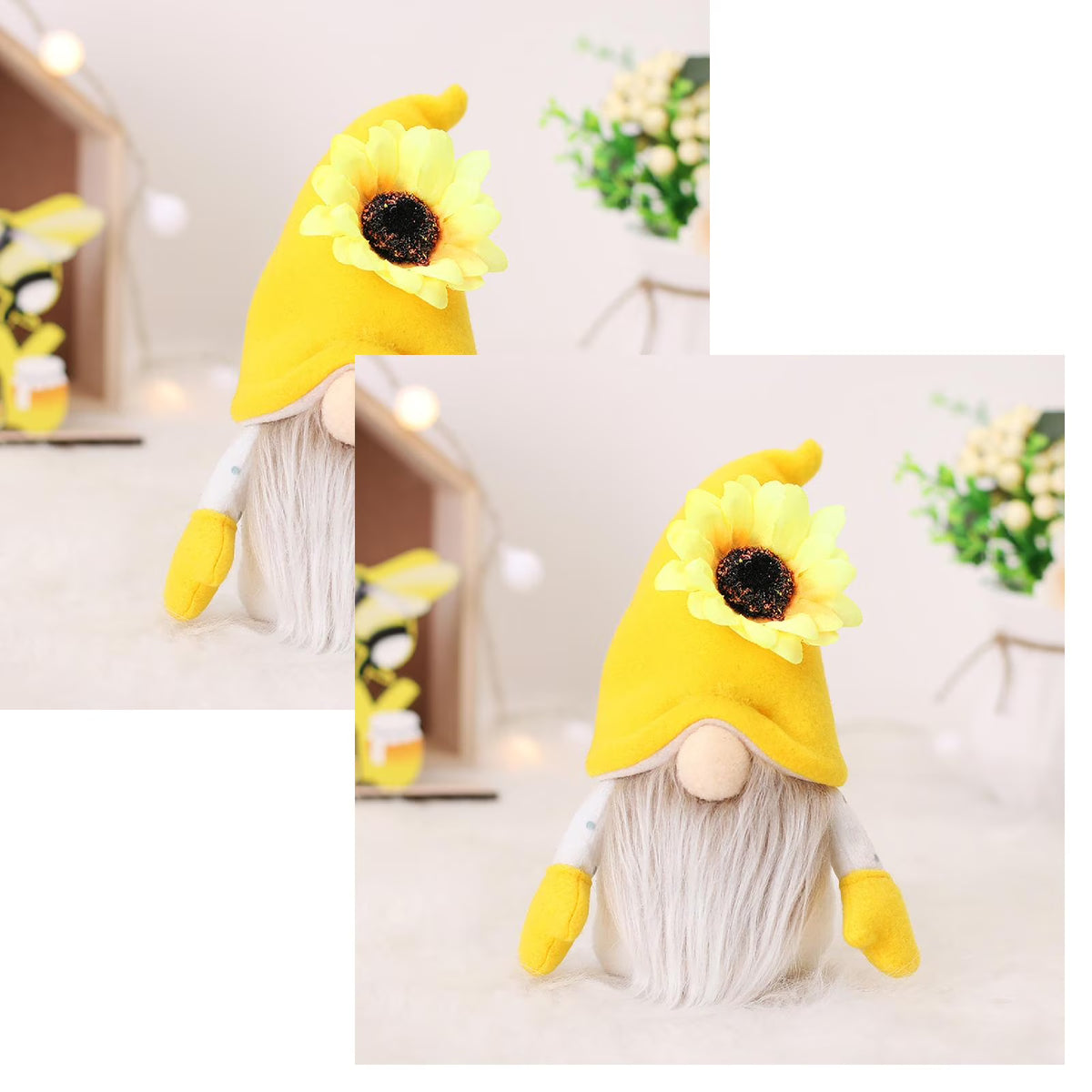 2Pc Faceless Dwarf Ornaments Rabbit Plush Doll Bee Festival Cartoon Sitting Posture Facing Sunflower H45941