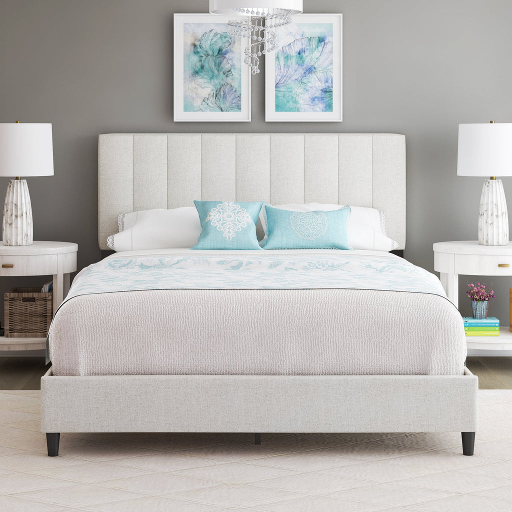 Off White Linen King Platform Bed Frame with Upholstered Headboard Z1301