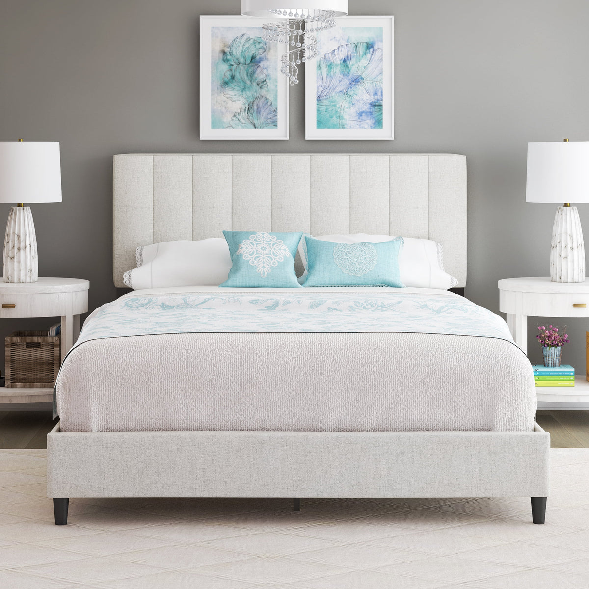 Off White Linen King Platform Bed Frame with Upholstered Headboard Z1301