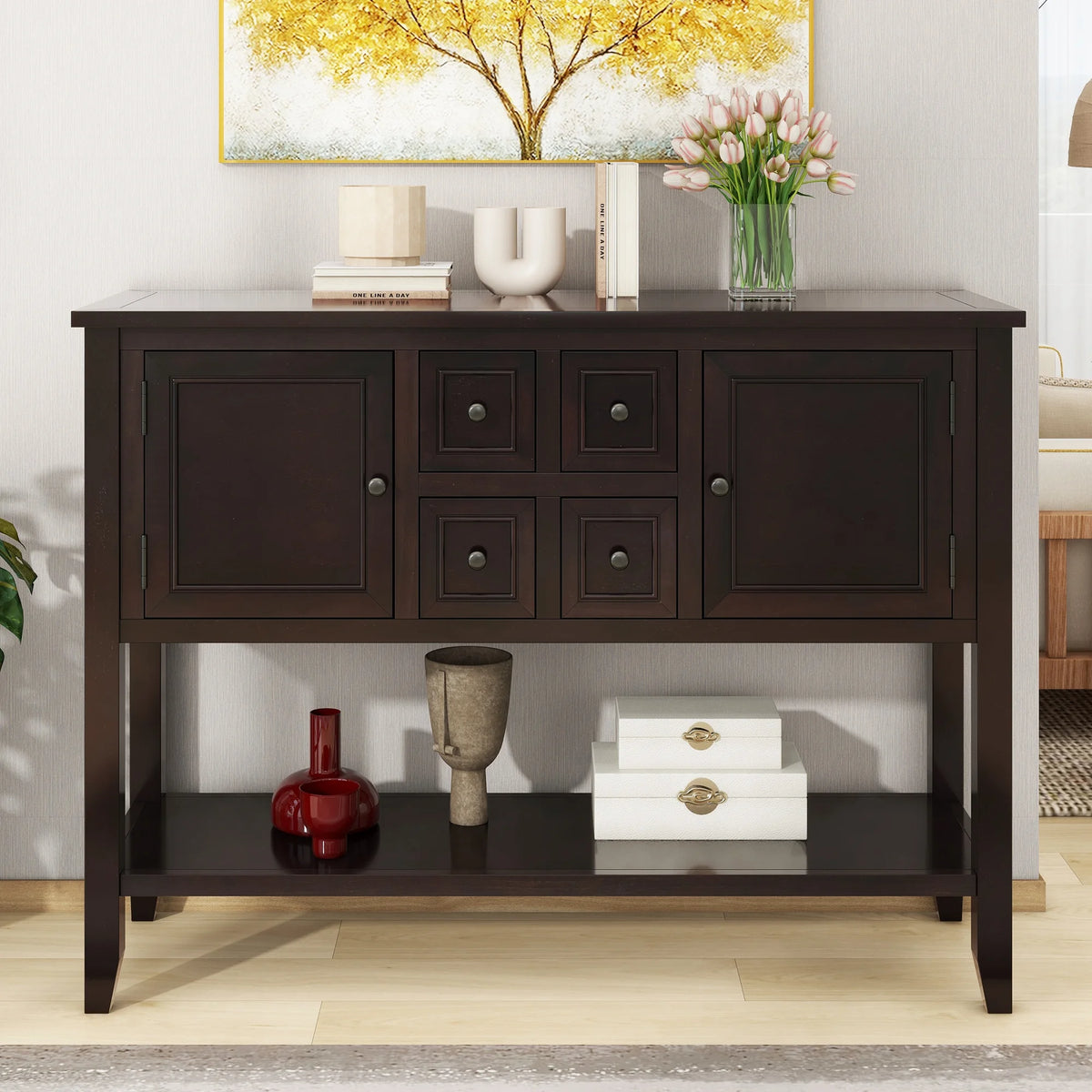 Vintage Console Table with Four Drawers and Bottom Shelf, Espresso A8569