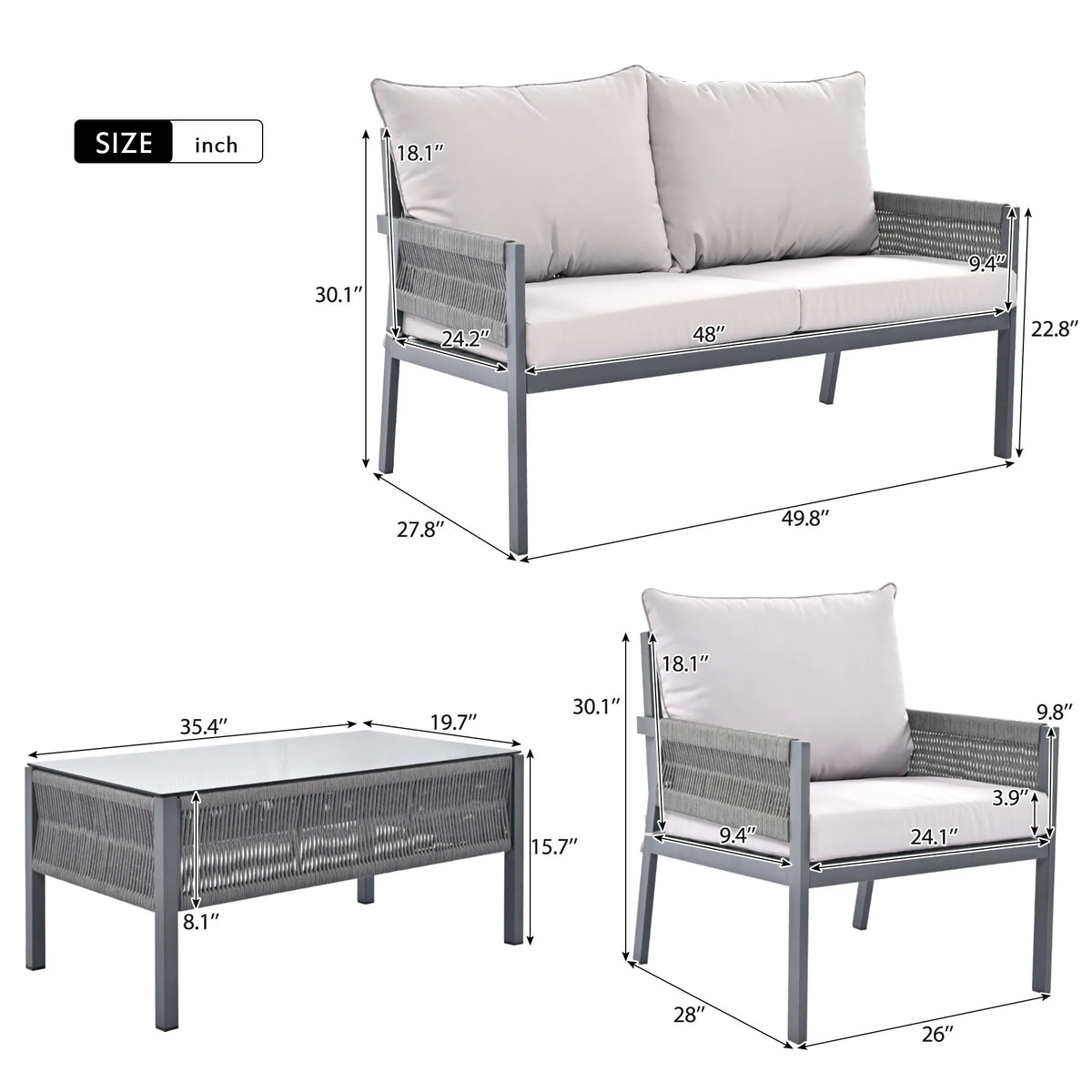 4PCS Outdoor Woven Rope Patio Furniture Set with Tempered Glass Tabletop A602
