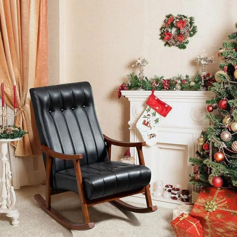 Upholstered Rocking Chair with Fabric Padded Seat Solid Wood High Back Armchair Grey S49555