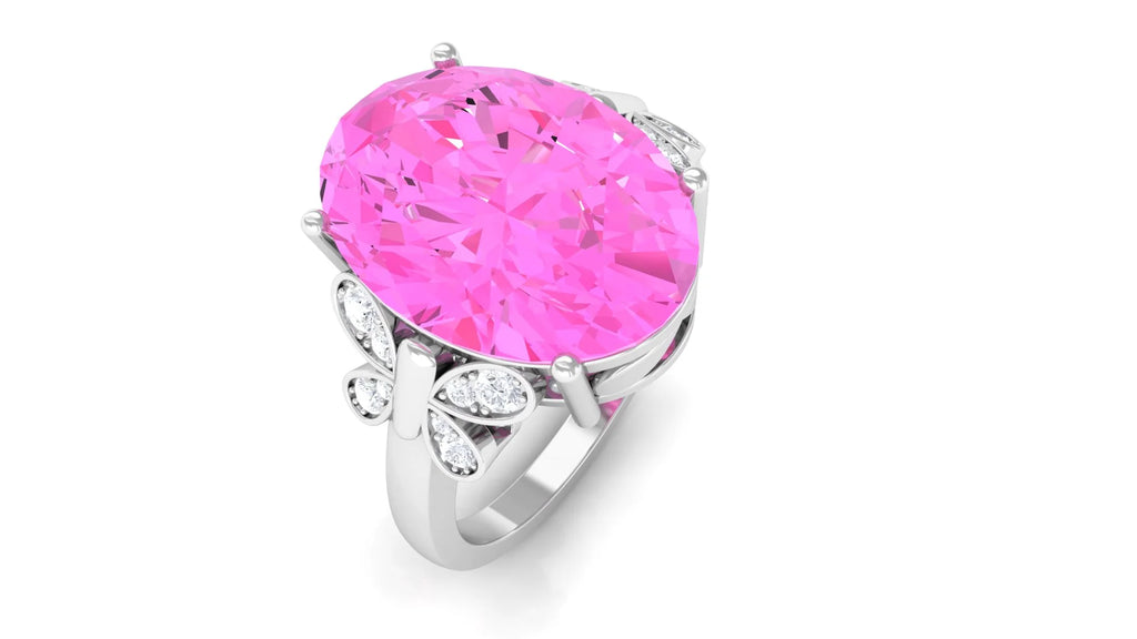 Oval Created Pink Sapphire Solitaire Ring with Diamond, 10X14 mm, 925 Sterling Silver, US 4.00 A349