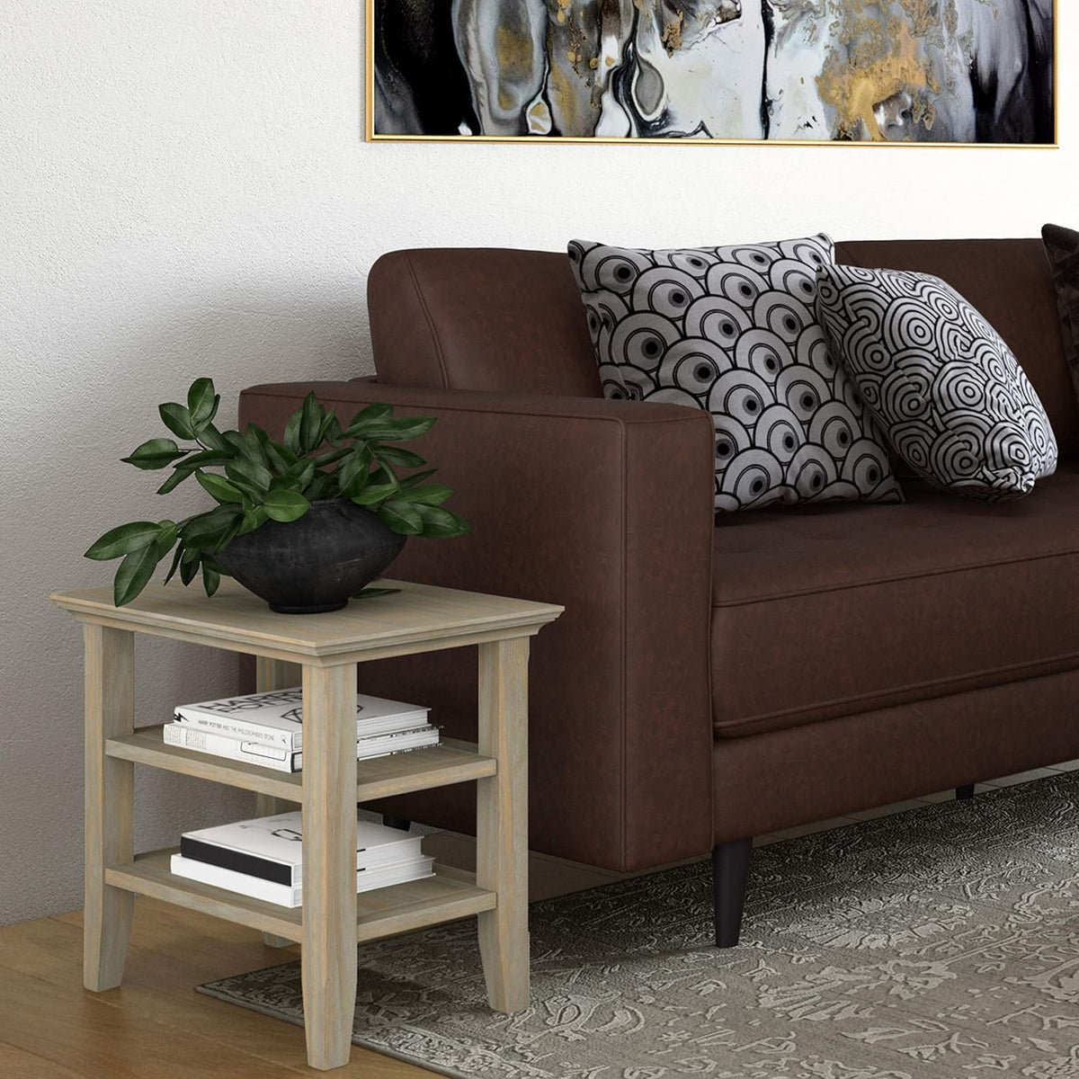 Black Solid Wood Narrow Side Table with 2 Shelves Z466196