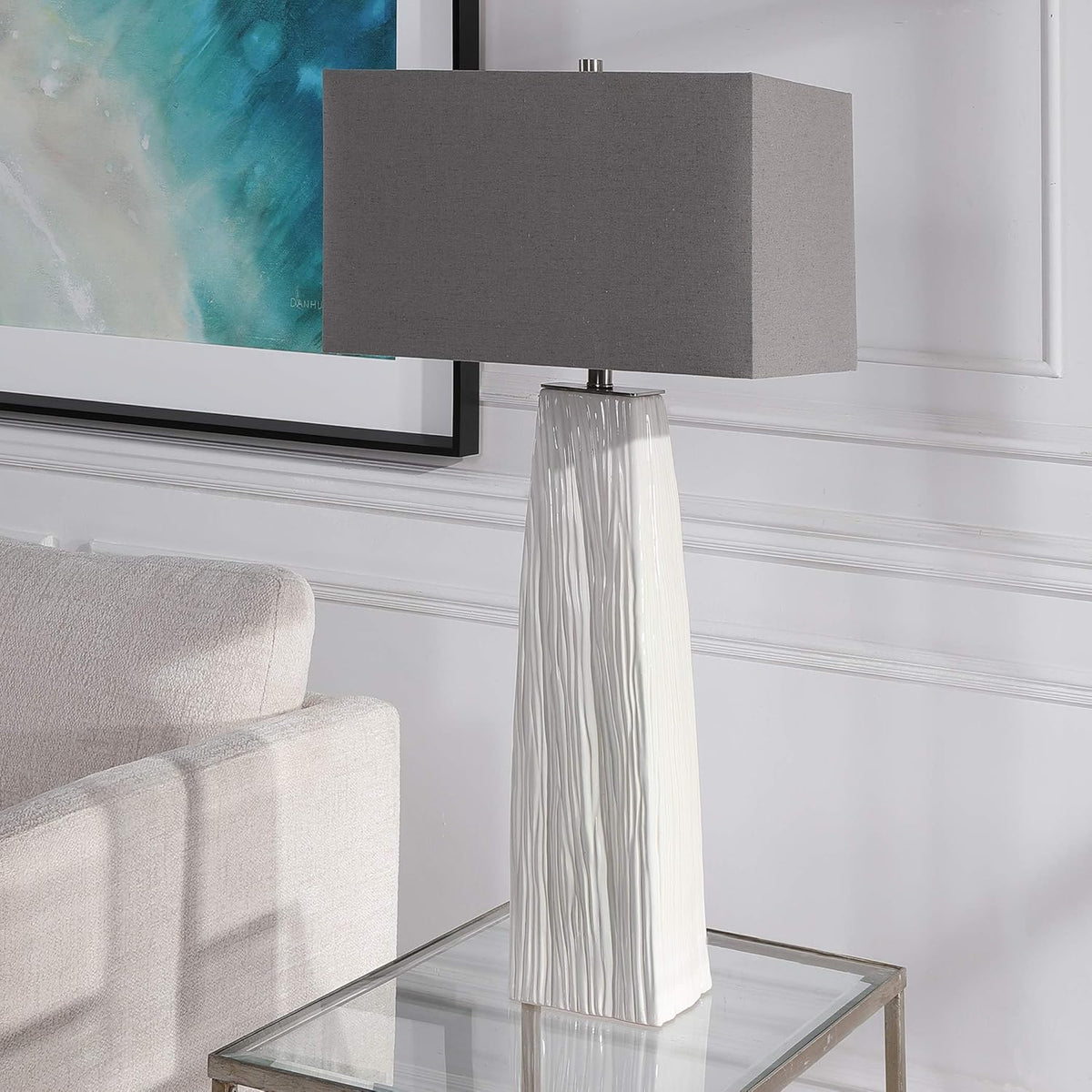 1 Light Table Lamp Gloss White Brushed Nickel Gray Linen Shade H4501