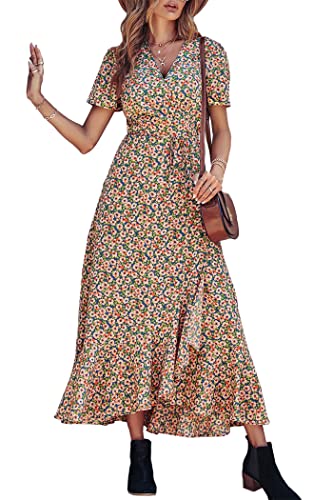 Women's Summer Wrap Maxi Dress Boho Floral V Neck Short Sleeve Ruffle Hem Split Beach Long Dresses X2916