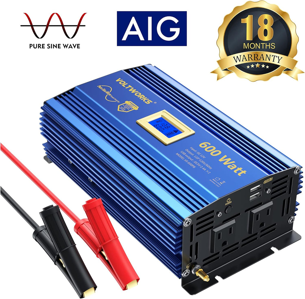 600 Watts Pure Sine Wave Power Inverter 12V to 110V 120V with USB Port & LCD Display I6902