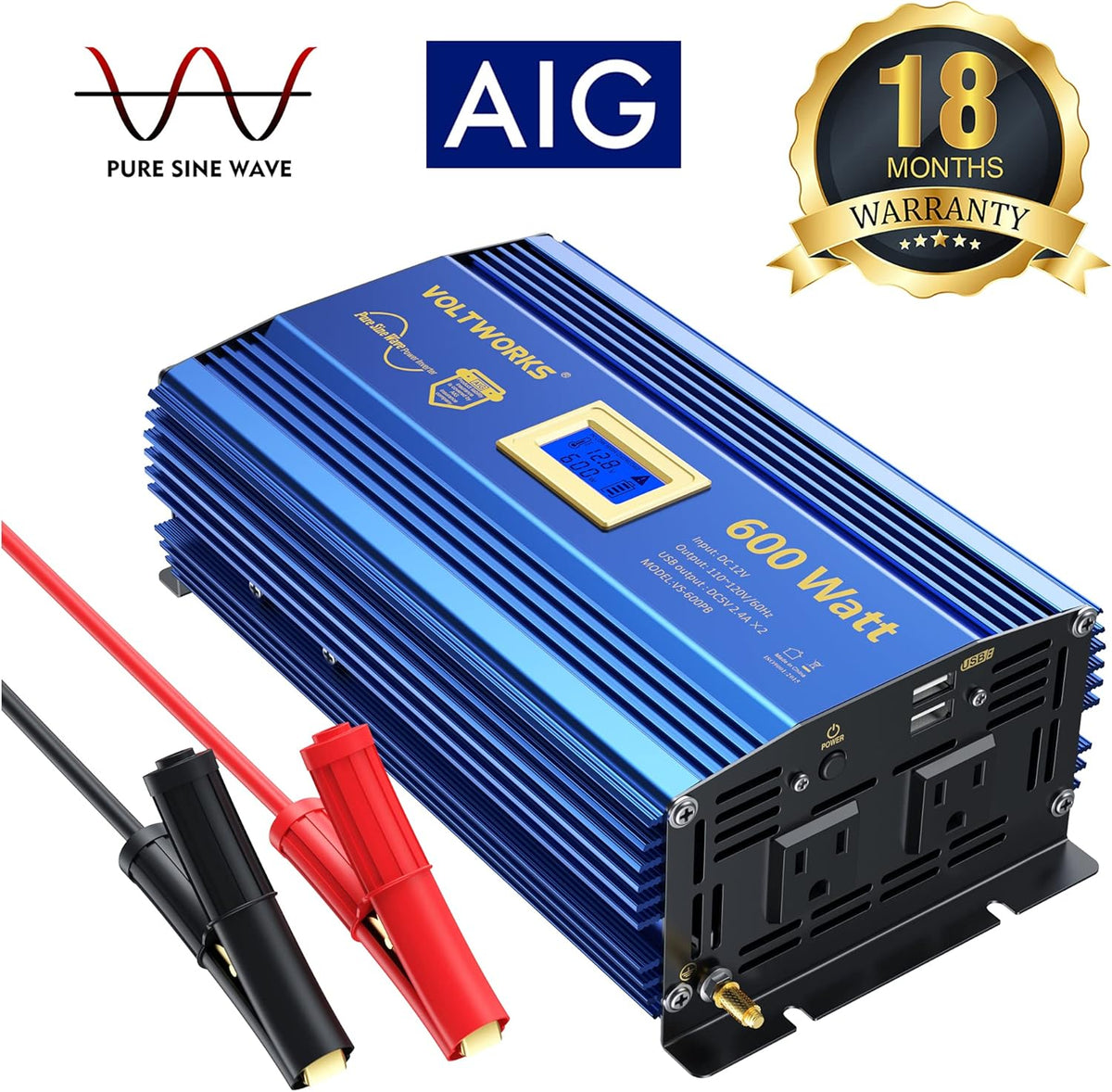 600 Watts Pure Sine Wave Power Inverter 12V to 110V 120V with USB Port & LCD Display I6902