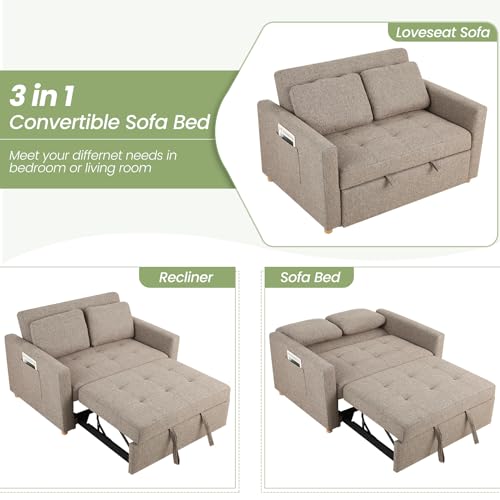 3-in-1 Convertible Sofa Bed, Linen Fabric Sleeper Couch, 49" 2-Seater Loveseat Futon Sofa W601095