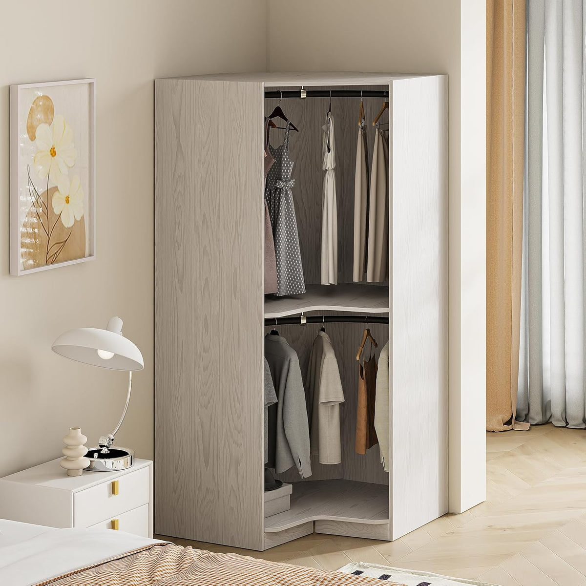 Natural Open Style Wooden Corner Wardrobe Closet with 2 Hanging Rails and Shelves R170072