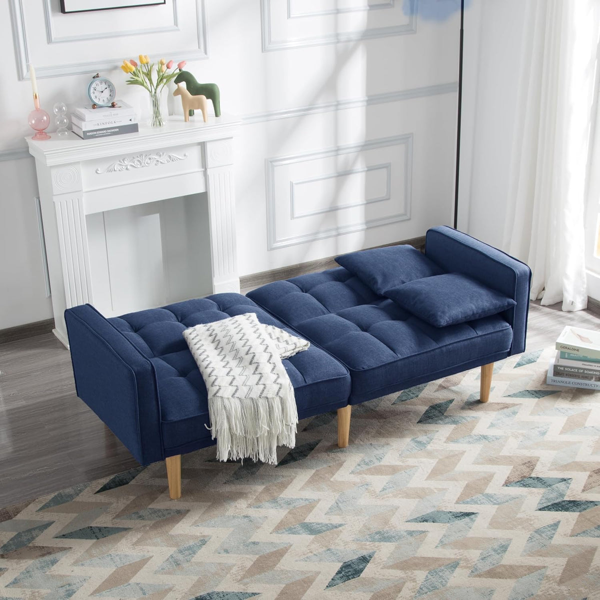 Navy Blue Tufted Fabric Futon Sofa Bed with Wooden Legs and 2 Square Pillows A271
