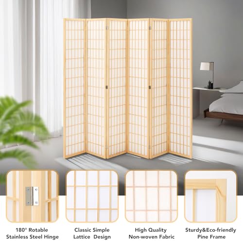 6 Panel Natural Wood Room Divider I98844