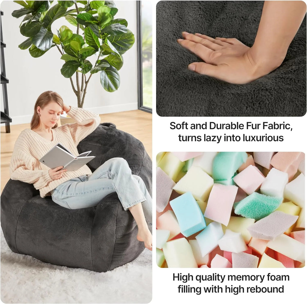 Grey Faux Fur Bean Bag Chair with Memory Foam Filler G678