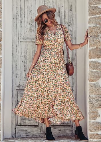 Women's Summer Wrap Maxi Dress Boho Floral V Neck Short Sleeve Ruffle Hem Split Beach Long Dresses X2916