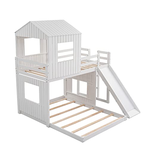 White Twin Over Full Size Wooden Bunk Beds with Slide M459883