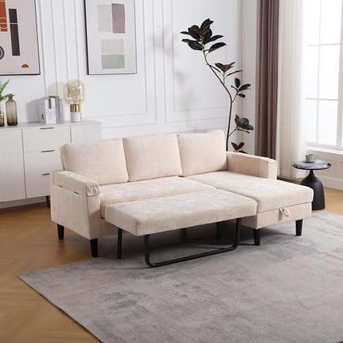 Beige L Shape Chenille Pull Out Sofa Bed A52961