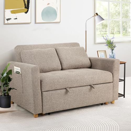 3-in-1 Convertible Sofa Bed, Linen Fabric Sleeper Couch, 49" 2-Seater Loveseat Futon Sofa W601095