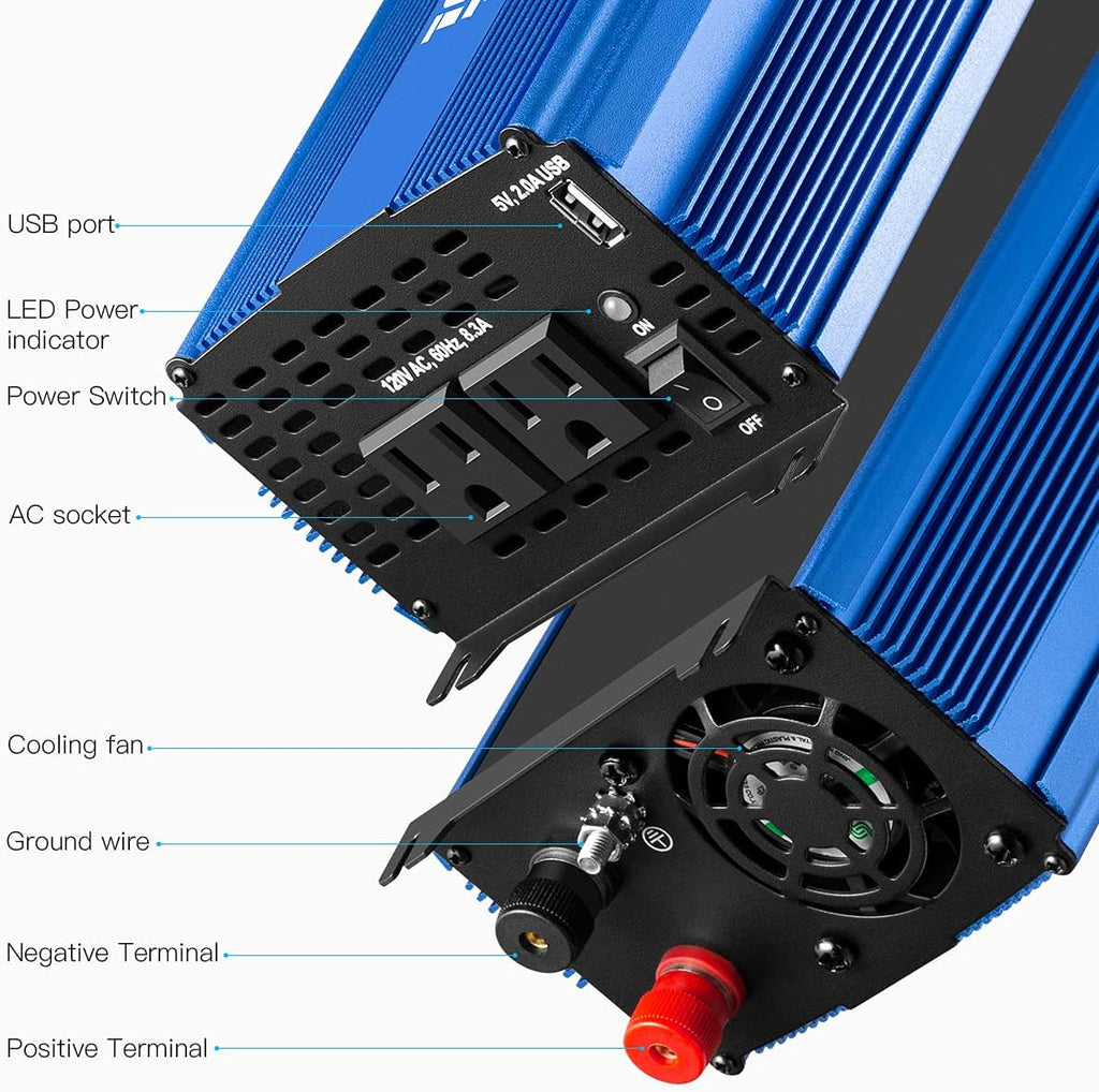 Pure Sine Wave Inverter 1000W DC 12V to AC 110 V with Dual AC Outlets & 2A USB Ports J92264