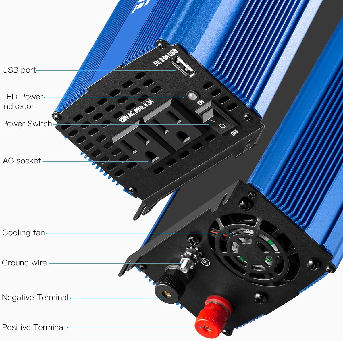 Pure Sine Wave Inverter 1000W DC 12V to AC 110 V with Dual AC Outlets & 2A USB Ports J92264