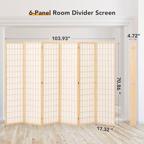 6 Panel Natural Wood Room Divider I98844