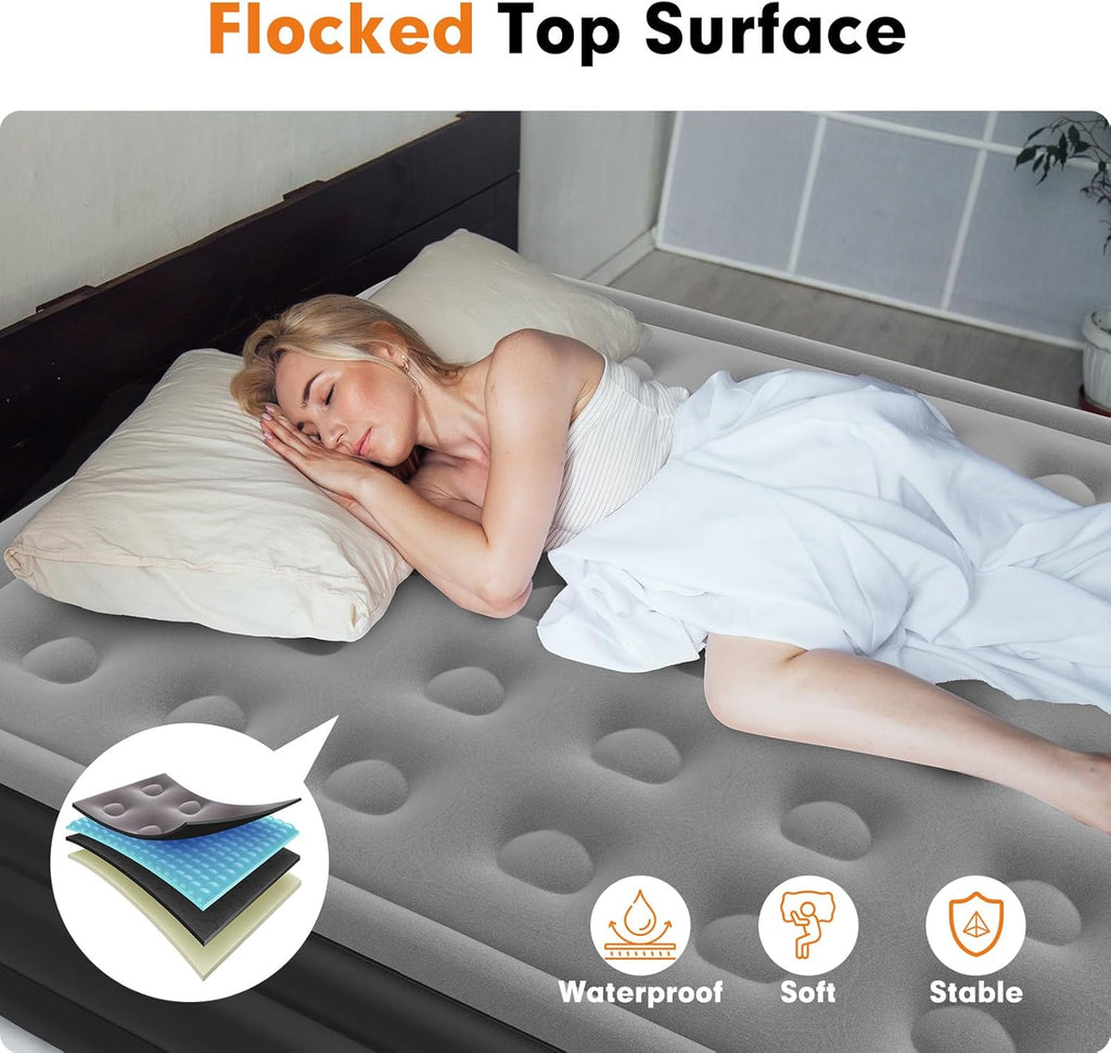 Queen Self Inflating Air Mattress 18" High with Built in Double Pump V64922