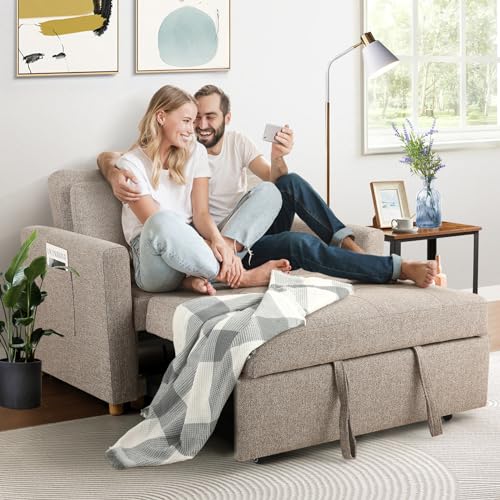 3-in-1 Convertible Sofa Bed, Linen Fabric Sleeper Couch, 49" 2-Seater Loveseat Futon Sofa W601095